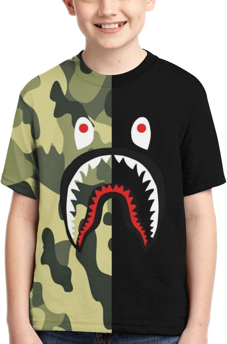 Bape Shark Half Gray Camo Boys Girls 3D Printed Short Sleeves T Shirt Fashion Youth Tee Shirts