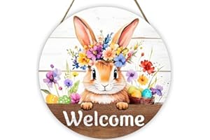 Easter Wood Wreath with Bunny Rabbit – Rustic Hanging Welcome Sign for Front Door, Window, or Wall – Spring Holiday Decor wit