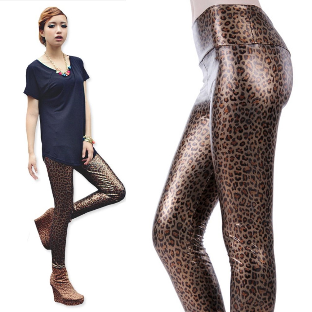 ICurves Shiny Leopard print leather look High Waist Leggings, size (2