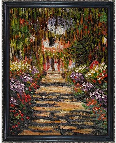 overstockArt Monet Garden Path at Giverny with La Scala Frame Oil Painting, Black and Gold Finish