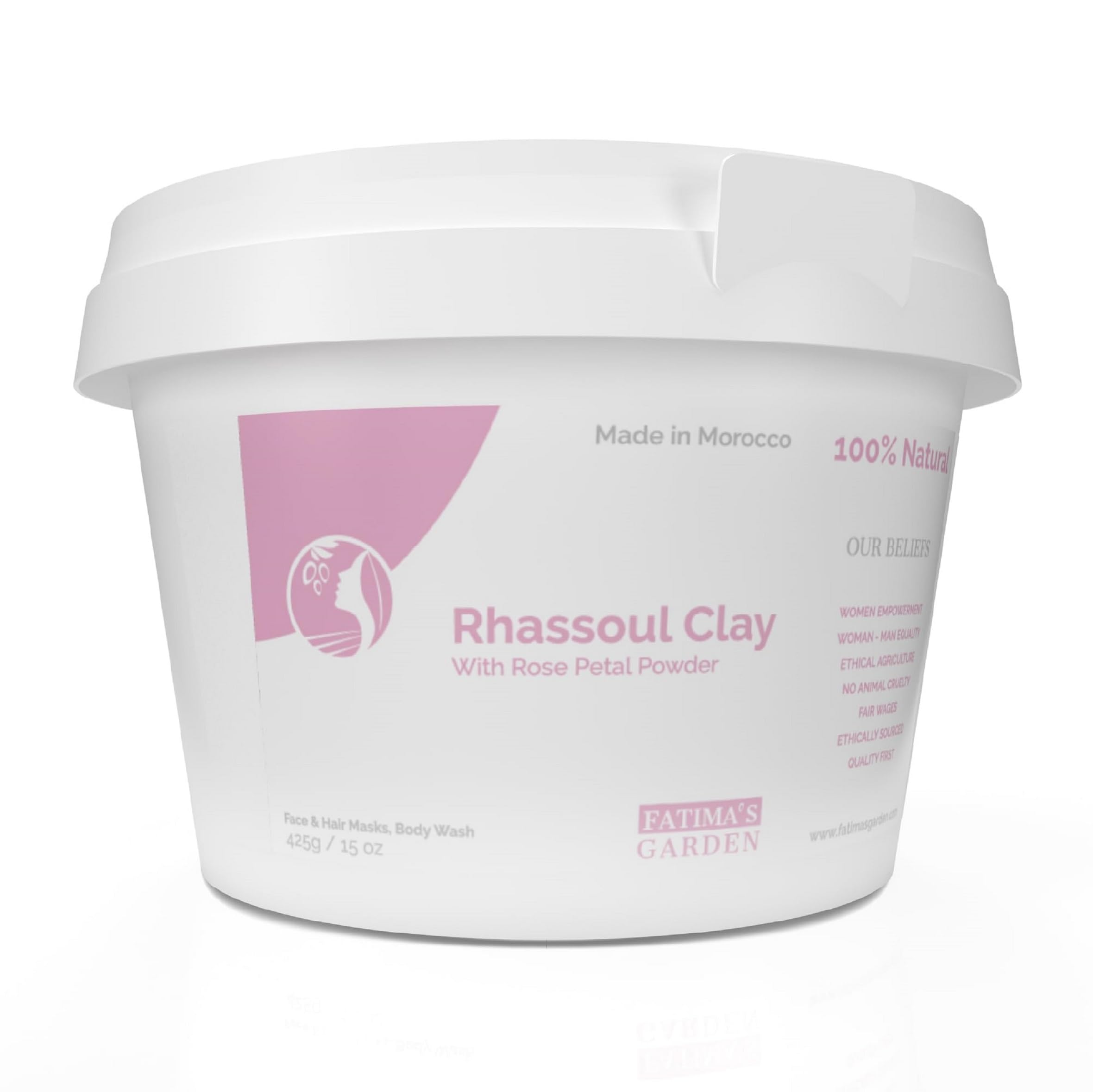 Fatima's Garden Rhassoul with Rose Petals - Soothing Face & Hair Mask, 425g