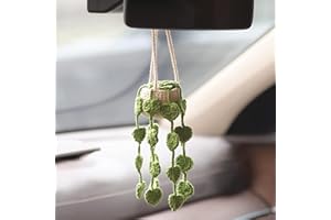 AGROMUSK Cute Crochet Plant Car Mirror Hanging Accessories,Boho Handmade Rear View Mirror Accessories for Women,Green Car Interior Aesthetic Decor Truck Hanger Ornament Charm for Men
