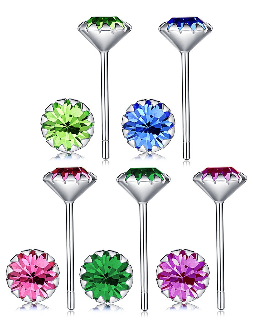 Yumilok Jewelry Women's Men's 5 Pairs 925 Sterling Silver Multi Color Cubic Zirconia Studs Hypoallergenic Earring Set