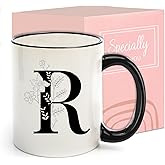 Monogram Ceramic Coffee Mugs, 11 oz Initial Drinking Cup with Gift Box, Unique Birthday Valentines Day Gifts for Women Wife Mothers Day Grandma Mom Aunt, R