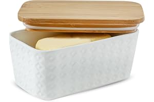 Tikooere Ceramic Butter Dish with Lid,Large Butter Container with Airtight Cover for Countertop or Refrigerator,Farmhouse Butter Holder for Kitchen Gifts,Dishwasher Safe,White Embossed Pattern