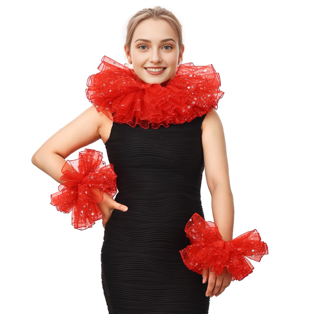 BPURB Renaissance Victorian Ruffle Collar and Wrist Cuffs Set Organza Layered Clown Choker Neck Collar Cuff (Red)