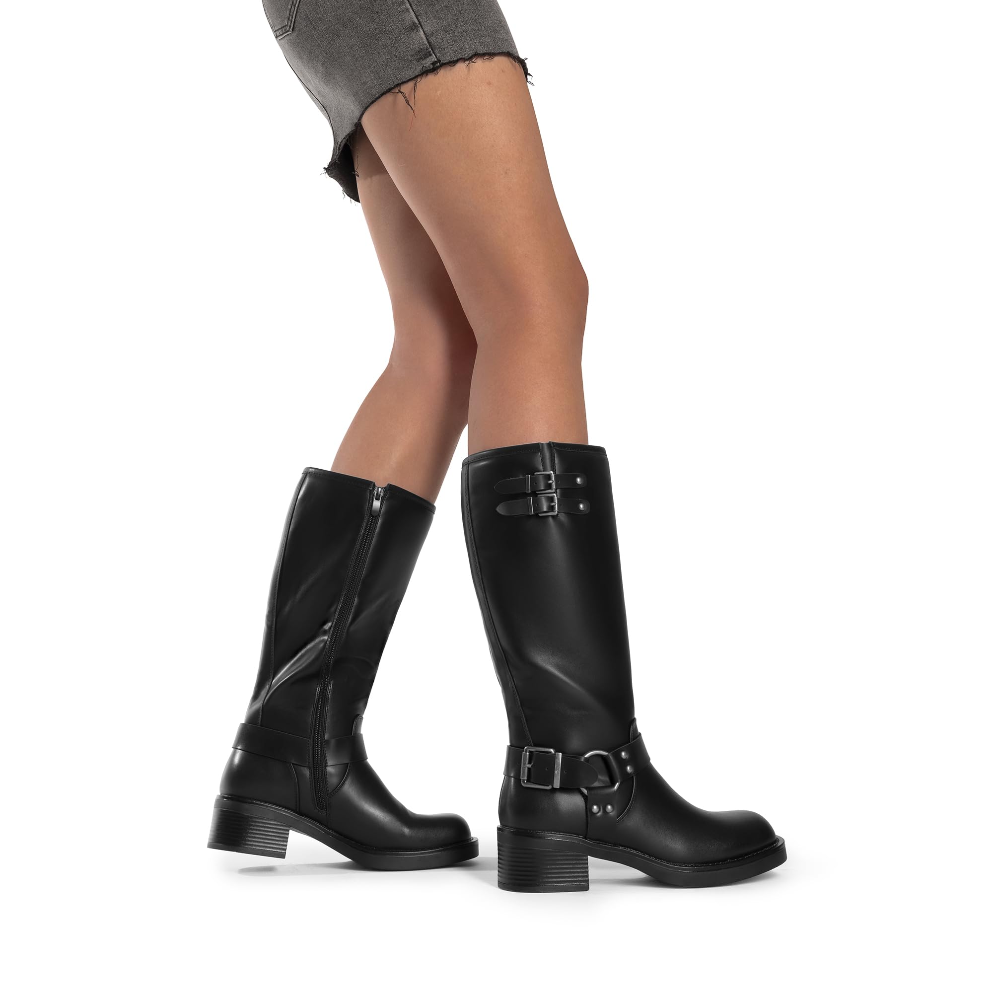 DREAM PAIRS Women's Knee High Boots Side Zipper Motorcycle Boots Square Toe Chunky Low Heel Fashion Buckles Biker Riding Boots