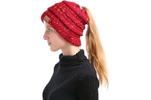 ALPSAZON Beanie Ponytail Hat for Women, Pony Tail Hat, Messy High Bun Cute Cable Kint Cap