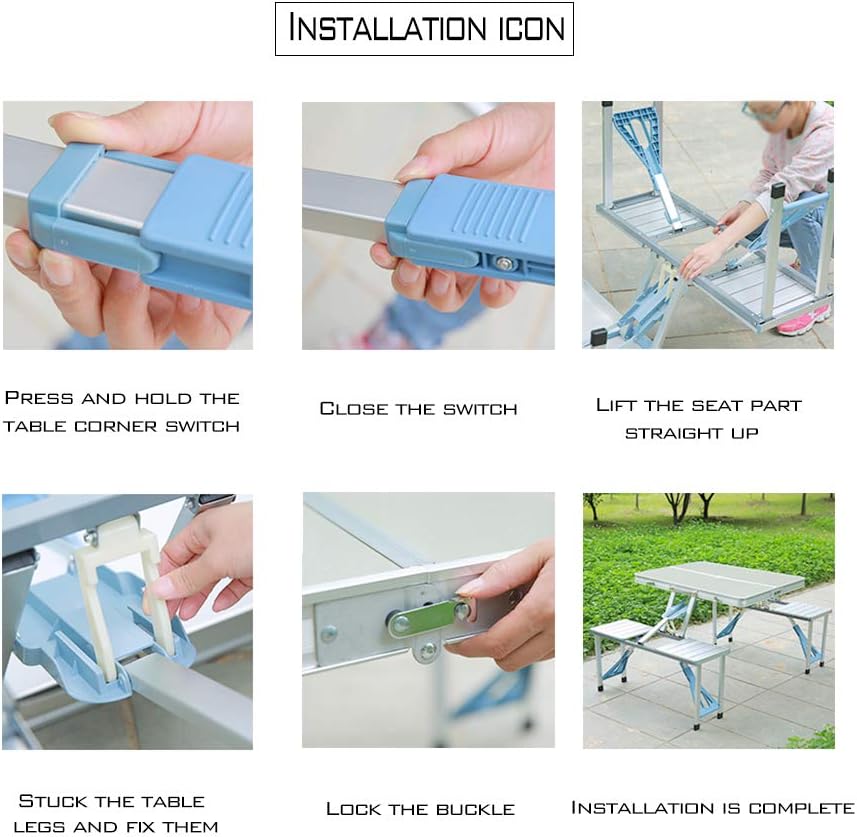 Folding Picnic Table and Beach Set, Siamese Tables and Chairs Set, Aluminum Alloy Portable Desk with 4 Seats for Indoor Outdoor Travel, Camping.Hole for Parasol, Foldable with Handle(Aluminum): Kitchen & Dining
