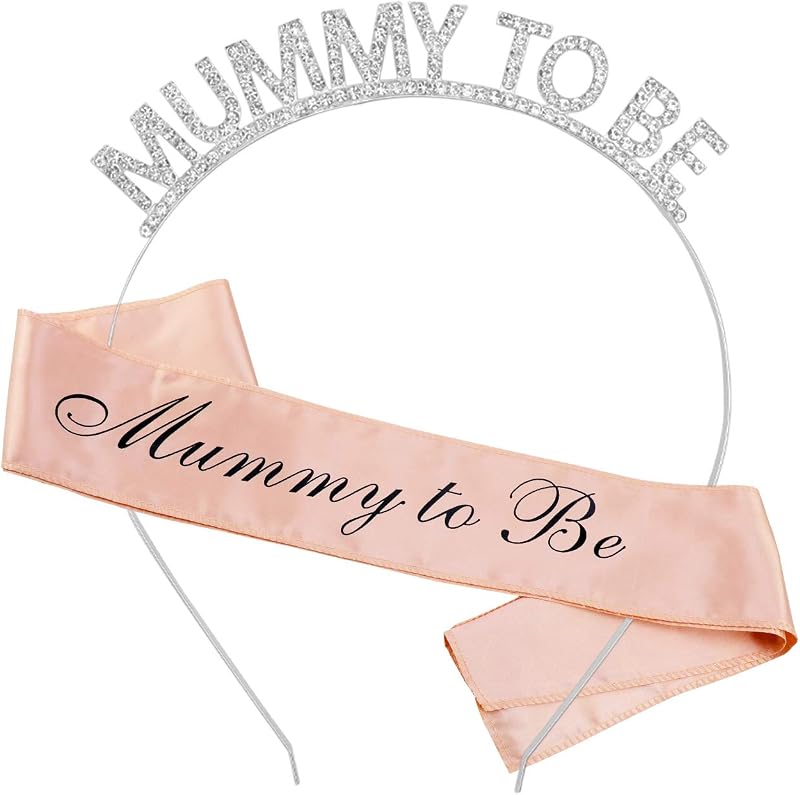 HOWAF Mummy To Be Sash and Tiara Set White Rose Gold Baby Shower Crown