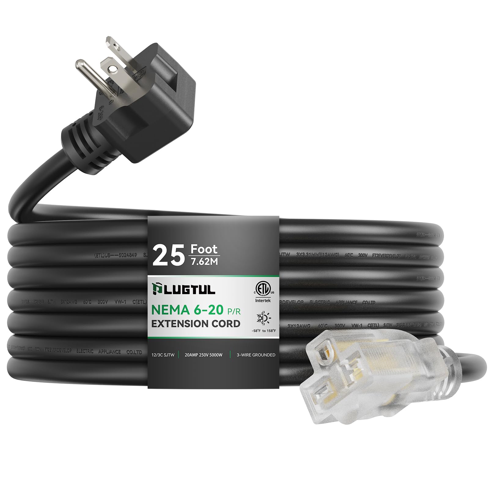 Photo 1 of PLUGTUL NEMA 6-20 Extension Cord 25FT, Heavy Duty Extension Cord with Lighted Outlet, 20A/250V, 12Gauge SJTW, ETL Listed, 6-20P to 6-20R (T Blade Female Adapter) - Black