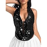 Kaei&Shi Sequin Halter Top,Backless Cowl Neck Sparkly Club Tops for Women,Sexy Outfit Going Out Concert Party