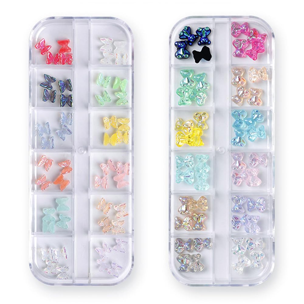2 Boxes 12 Grids Bear Butterfly Nail Art Charms 3D Bow Nail Charms Decoration Butterfly Nail Jewelry for Nail Art Design DIY Crafting Party Daily Wedding