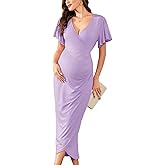 CYCLAMEN Maternity Wrap Dress V Neck Ruffle Sleeves Semi Formal Baby Shower Photoshoot Cocktail Party Pregnancy Dresses, Purple, L
