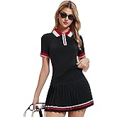 IUK Women's 2-Piece Tennis Skirt Set, Polo V-Neck Top & High-Waisted Pleated Skirt, Athletic Outfit for Golf Pickleball