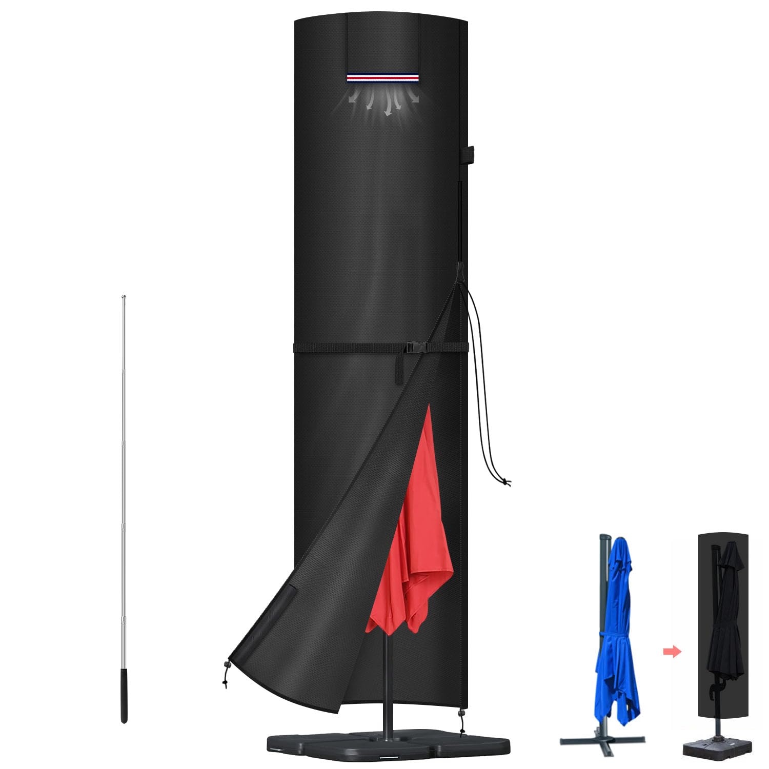 LAMUNI Garden Umbrella Cover Large Parasol Covers for Ø4m Straight Parasol Protective Cover Waterproof Garden Parasol Cover for Outdoor Umbrella with Zip and Rod, 250x64/64cm