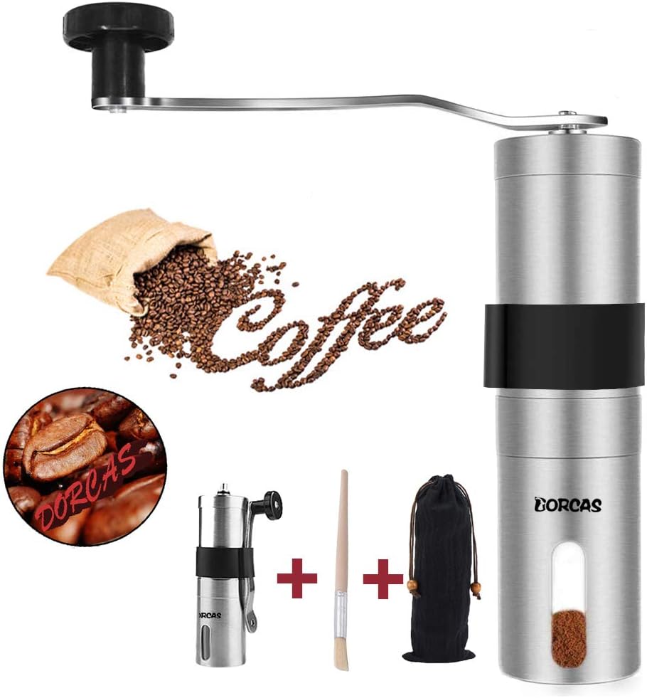 Dorcas Stainless Steel Manual Coffee Grinder with Adjustable Ceramic Burr,Portable Burr Coffee Grinder for Aeropress, Drip Coffee, Espresso, French Press, Turkish Brew