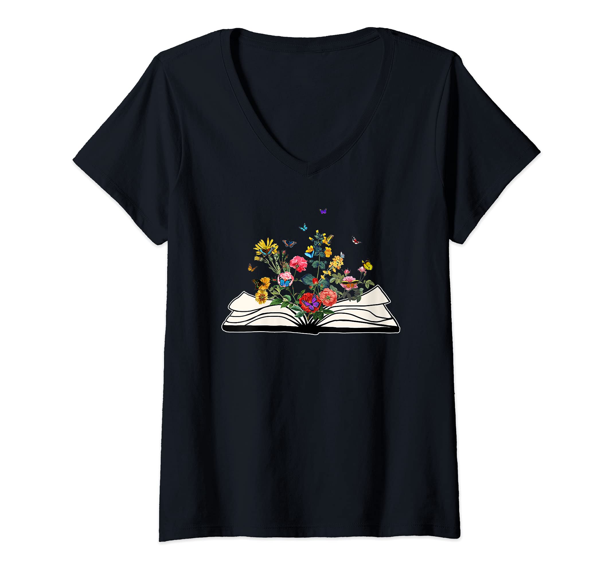 Womens Flowers growing from a book Open Book with Flying butterfly V-Neck T-Shirt