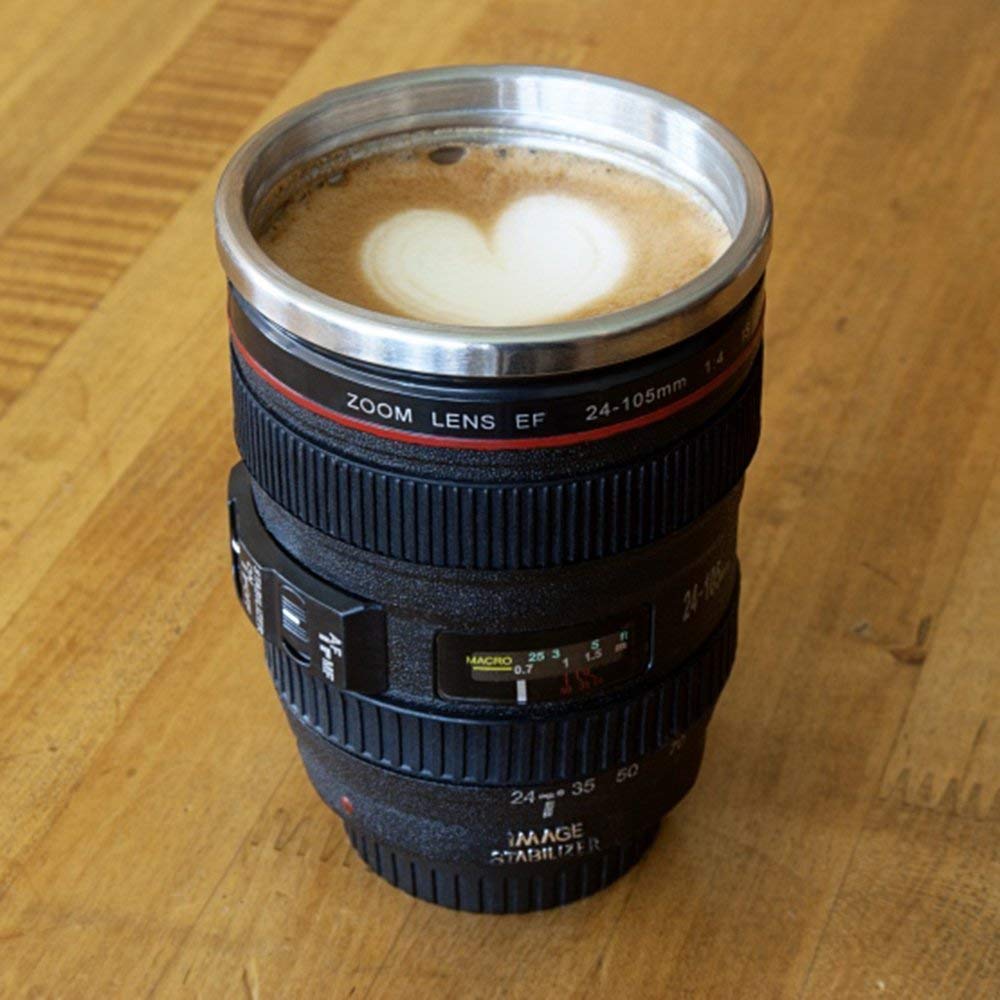 Buy Camera Lens Shaped Coffee Mug with Lid, 400 ml, Black II Steel