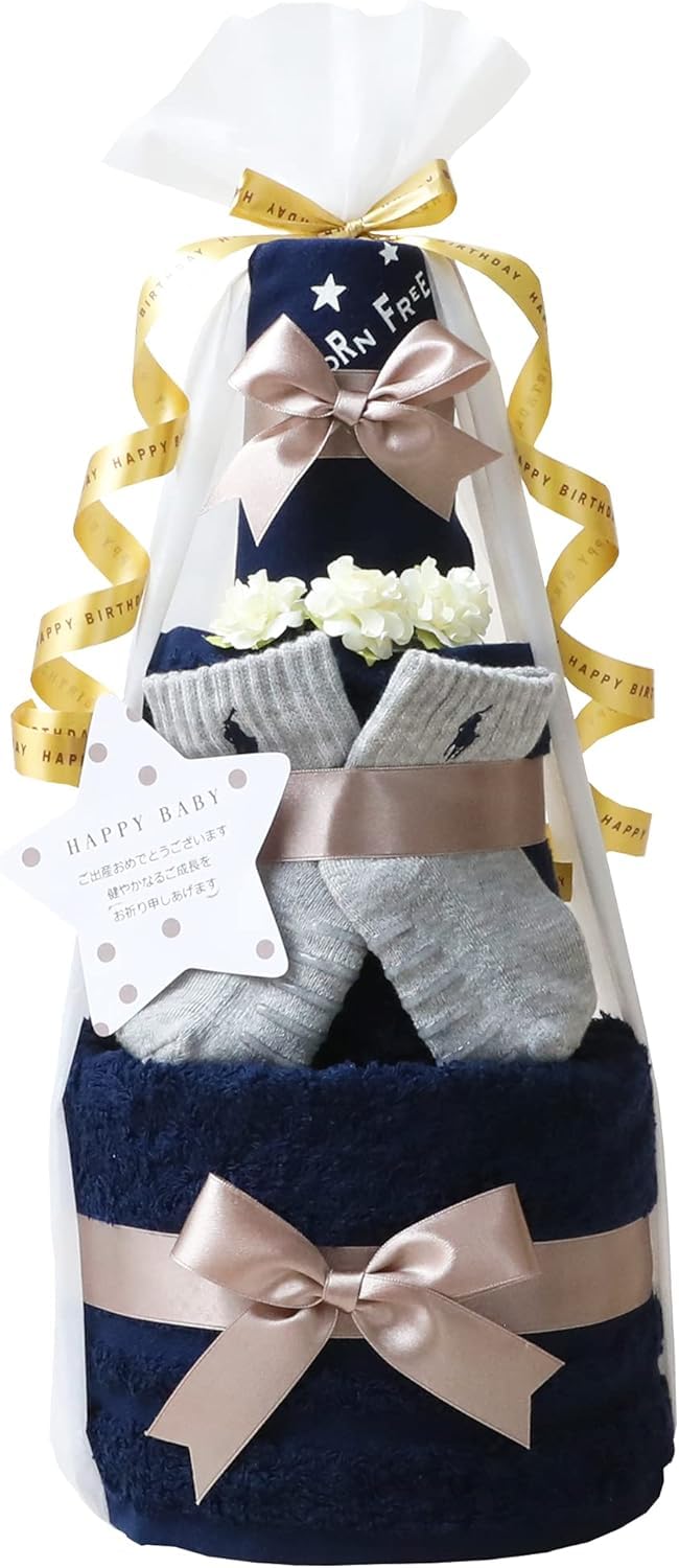 おむつケーキ研究所 ラルフローレン おむつケーキ 出産祝い 今治タオル オーガニックコットン 3段 男の子 女の子 名入れ刺繍 ギフトセット ネイビー ダイパーケーキ ベビー ソックス 0～6か月(約7～10cm) パンパーステープタイプＳサイズ商品画像
