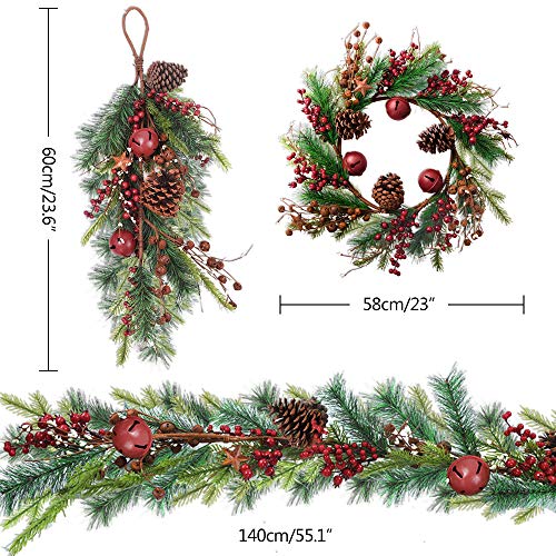 HOLICOLOR 3Pack Christmas Garland, Artificial Wreath with Christmas Door Hanging Ornament, for Holiday Decoration, House Decoration, etc.