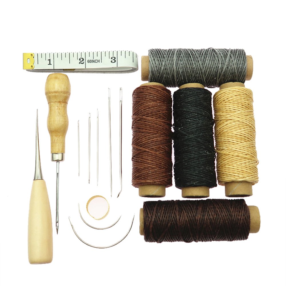 ele ELEOPTION 16-Piece Leather Sewing Kit - Leather Waxed Thread 5 Color, Hand Sewing Needles, a Stitching Awl, Waxed Leather Thread, and a Thimble for Leather Repairs