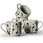 SHOWFULL Stackable Coffee Mugs Set of 4, Aesthetic Cute 10 OZ Small Ceramic Espresso Cups Vintage Stoneware Tea Cup for Cappuccino Latte, Flower