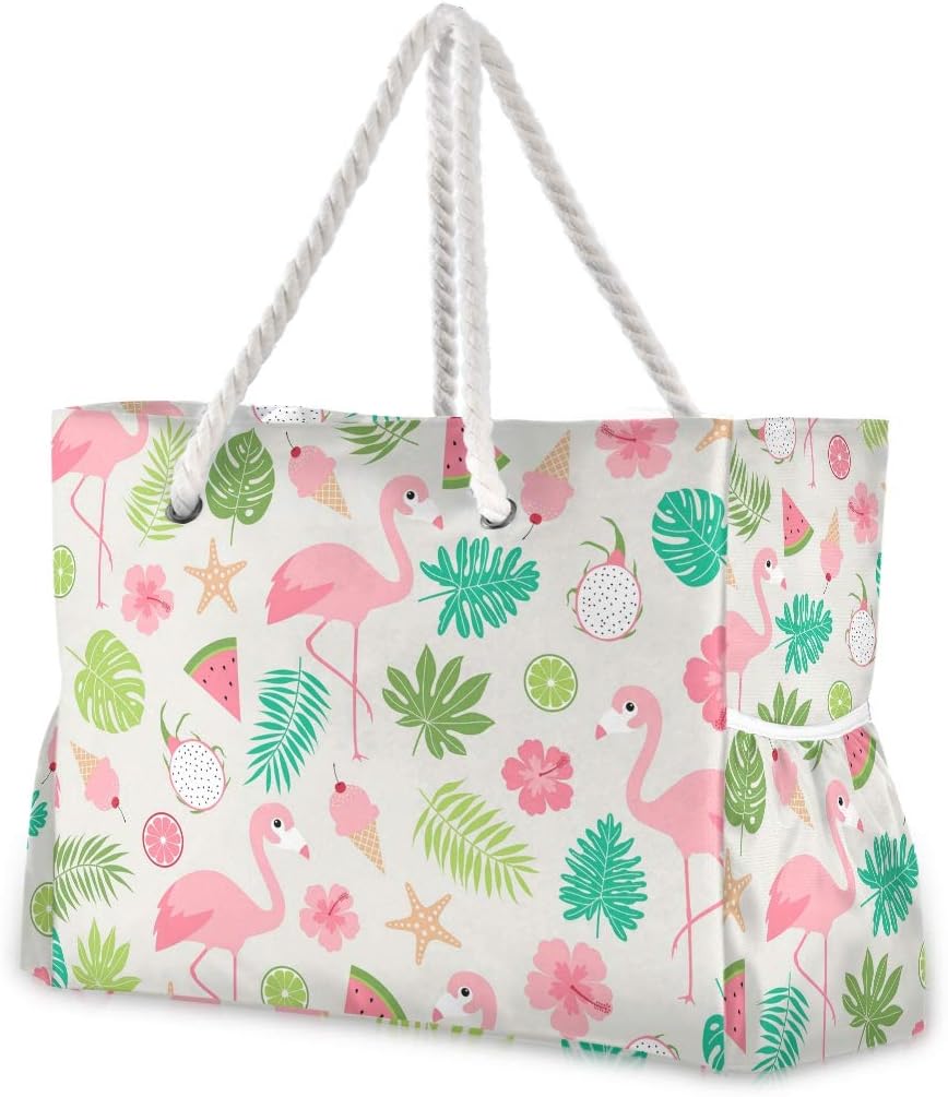 ALAZA Flamingo con hojas tropicales de palma, sandía, bolsa de playa