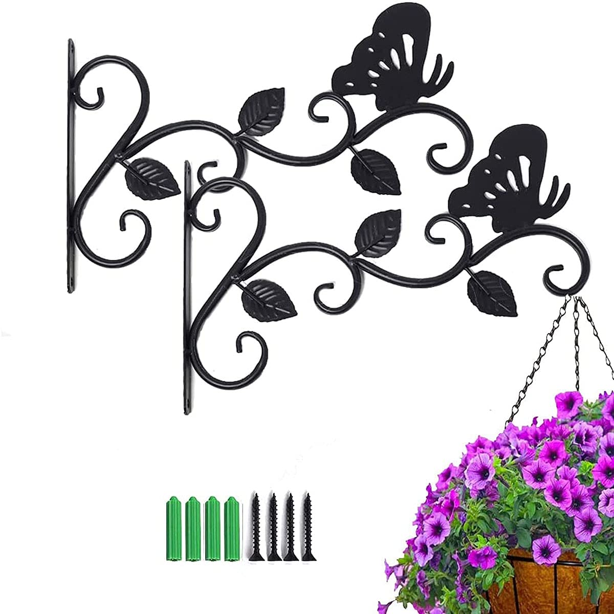 TAIANJI 12 Inch Large Plant Brackets, Basket Brackets Outdoor Indoor Support Up to 35 lbs, with Wall Mounted Solid Steel Hooks, Black Fence Hooks for Lantern/Light/Bird Feeder,2pcs