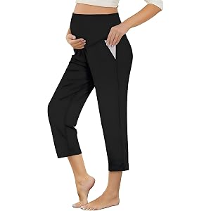 LOKTENPIE Maternity Capri Pants, Over The Belly Pregnancy Pants with Pocket