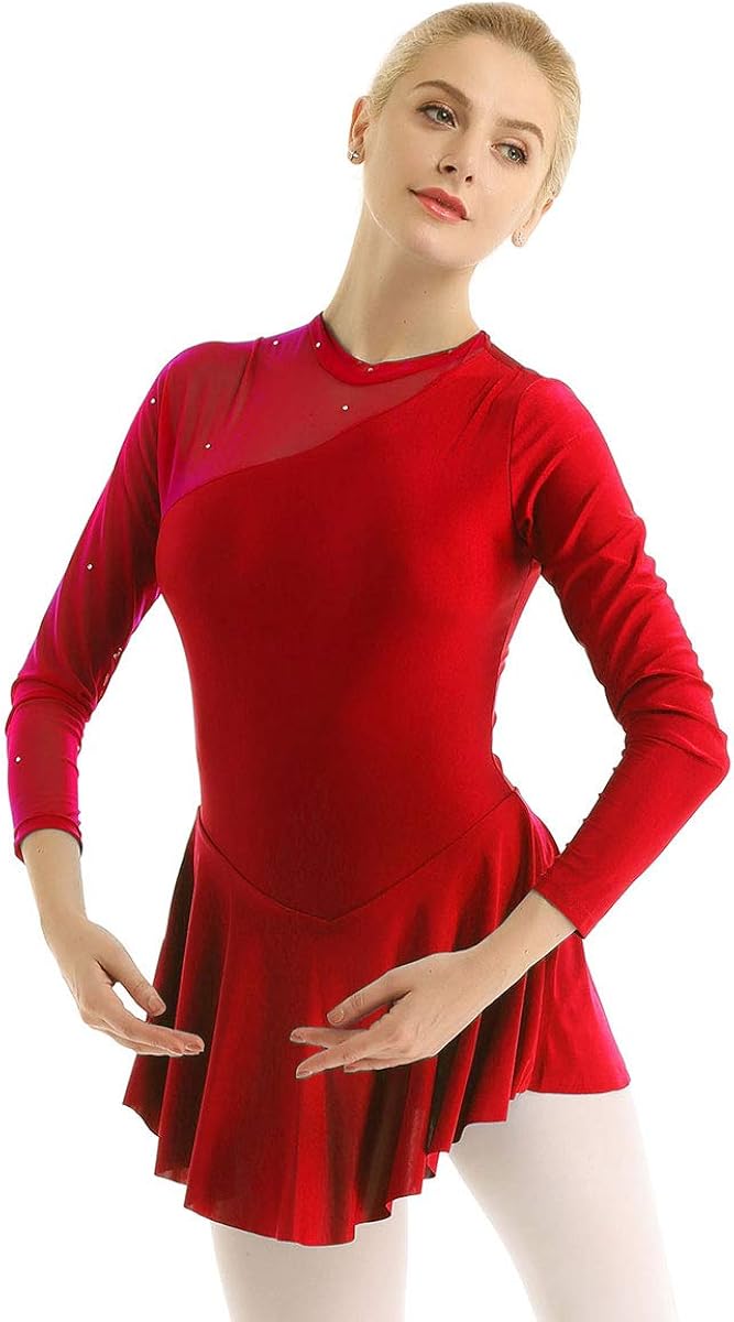 CHICTRY Women's Long Sleeve Mesh Skirt Figure Skating Dress Built in Briefs Ballet Dace Wrap Skirt: Clothing