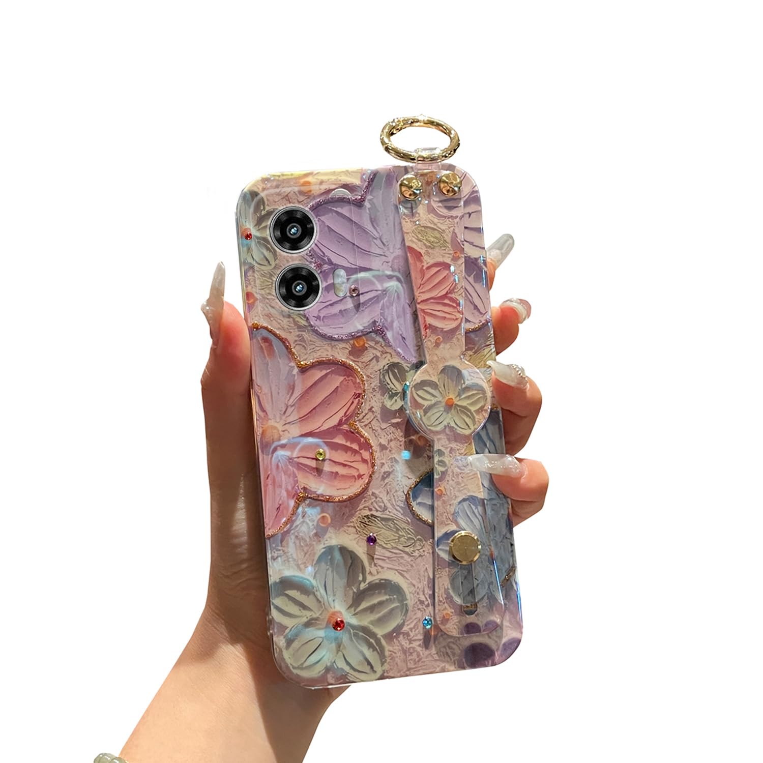 Lastma for Motorola Moto G 5g 2024 Case, G Play 5g 2024 Case 6.6" [Not 4g] with Wrist Strap Stand Glitter Cute Kawaii Cartoon Pattern Shockproof Protective Phone Case for Girls Women - Colorful Flower