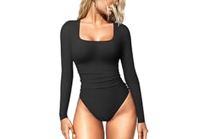 OQQ Women's Bodysuits Ruched Long Sleeve Square Neck Lounge Stretch Travel Bodysuits