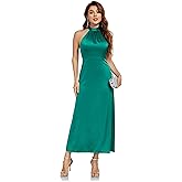 SITELUOYG Women's Elegant Mock Halter Neck Party Dress Sleeveless Satin Silk Cocktail Evening Maxi Dresses
