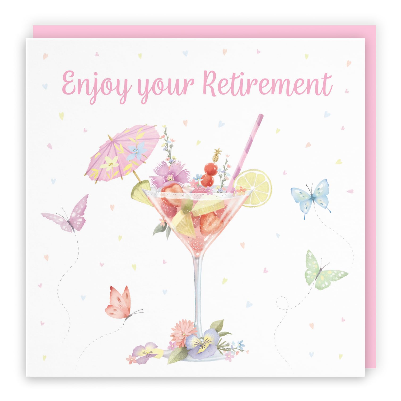 Hunts England - Pink Cocktail And Butterflies Elegant Retirement Card For Her - Milo's Gallery - Female, Drinks, Flowers, Hearts Retirement Card - Retiring Card For Women, Mum, Friend, Her