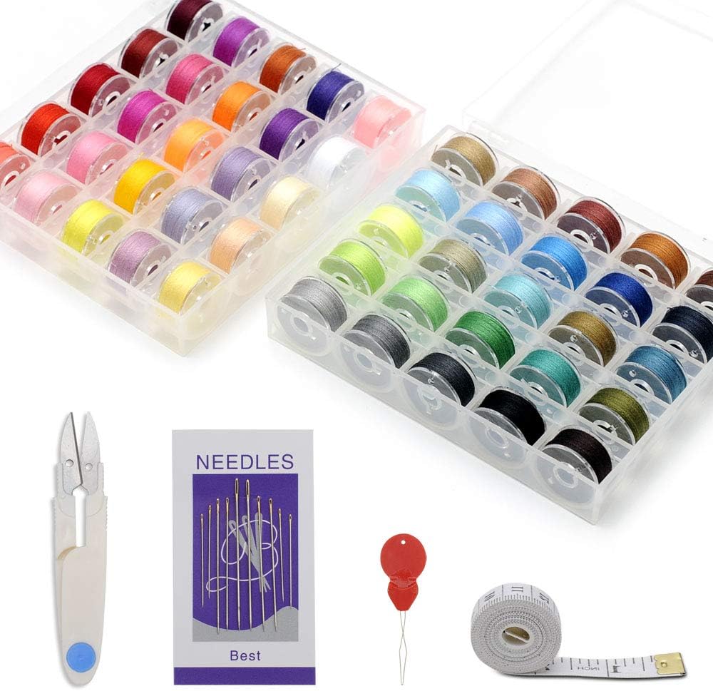 POPKU 50 Pcs Bobbins with Sewing Thread for Brother Singer Babylock Janome Kenmore (Assorted Colors)