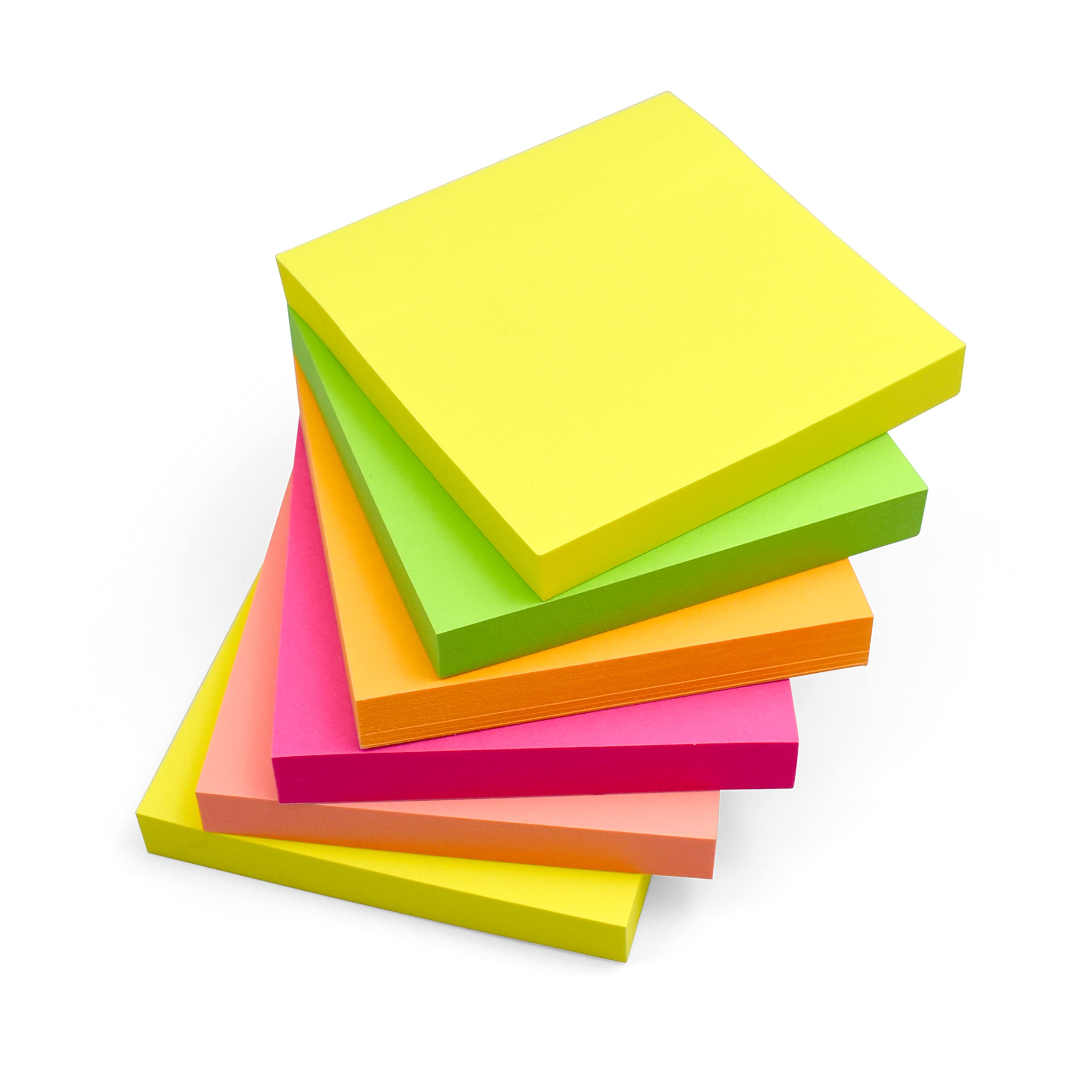 Evergreen Goods 6 Pads Bright Coloured Sticky Notes | 100 Sheets per pad - 76x76mm (3"x3") | Square Shape Removable Adhesive