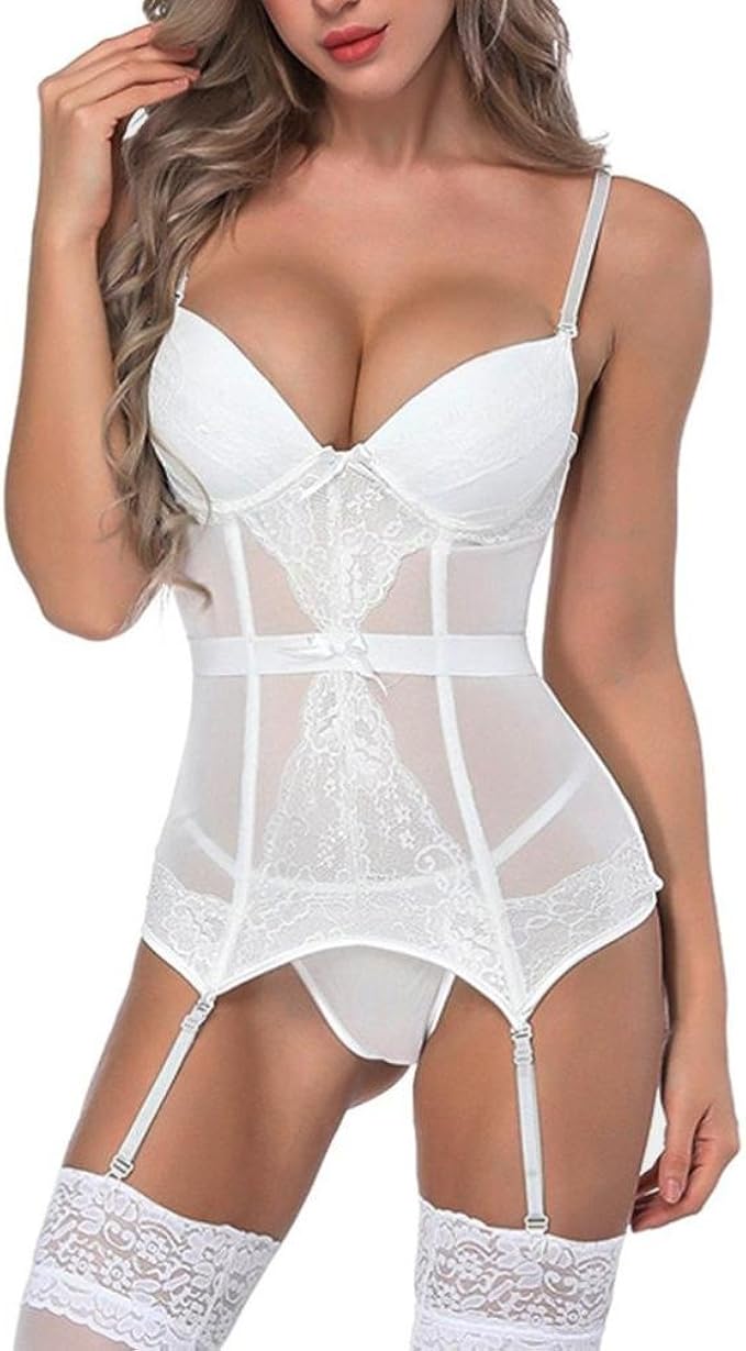 QinMM Ropa Interior + Tanga + Liga Lencería erótico Encaje para Mujer, Babydoll Abierto Picardias Sexy (Small, Blanco)