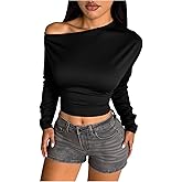 Milumia Women's Y2k Off The Shoulder Crop Top Asymmetrical Long Sleeve Going Out Tee Tops Streetwear