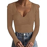 Basicspace Womens Fashion Summer Tops Ruffle Sleeve Knit Ribbed Stretch Slim Fitted Shirts V Neck Blouse