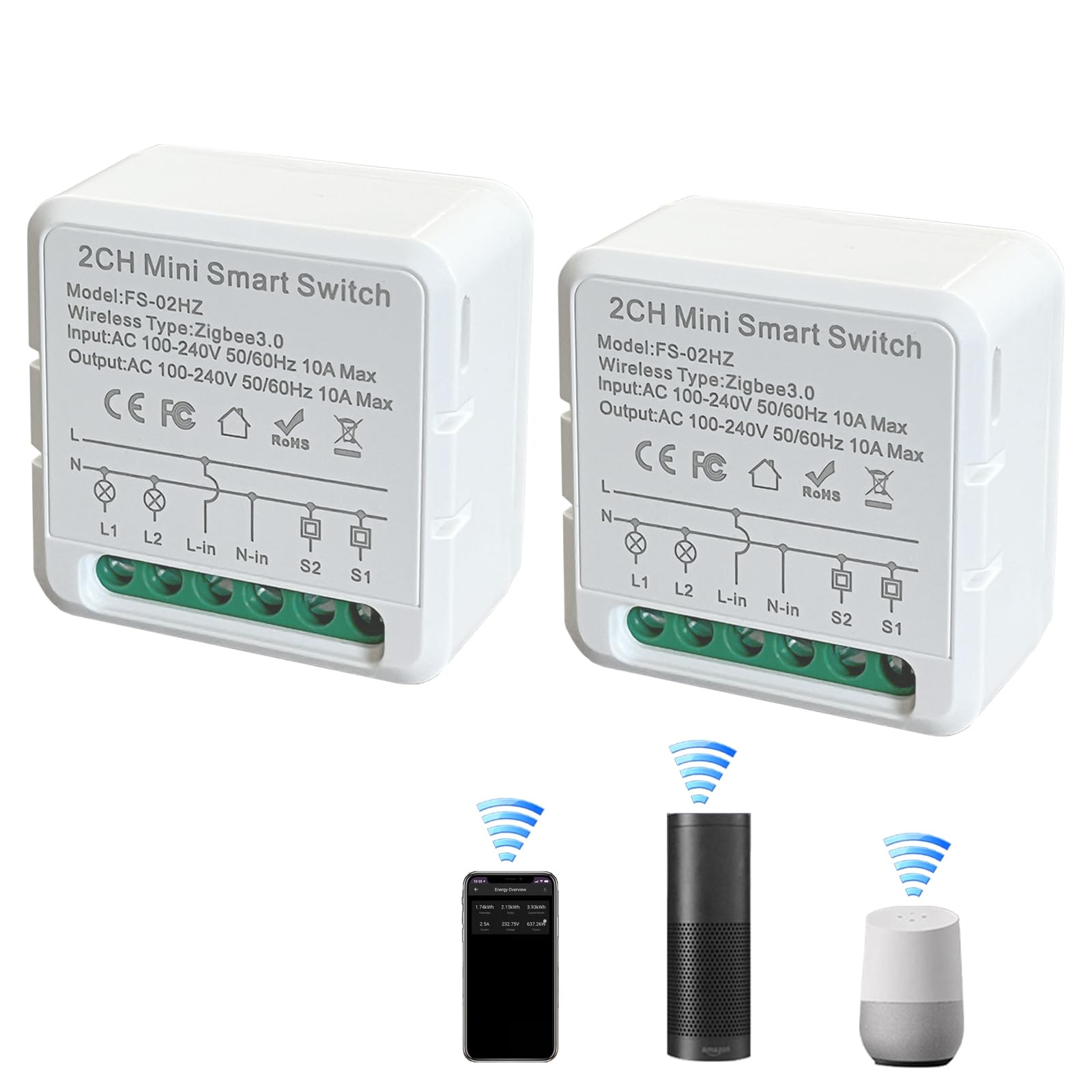 Bkiyougo ZigBee Mini Smart Switch, 2 Way Light Switch, Compatible with Alexa, SmartThings Hub and Google Home, ZigBee 3.0 Gateway Hub Required, Neutral Wire Required (2 Pack）