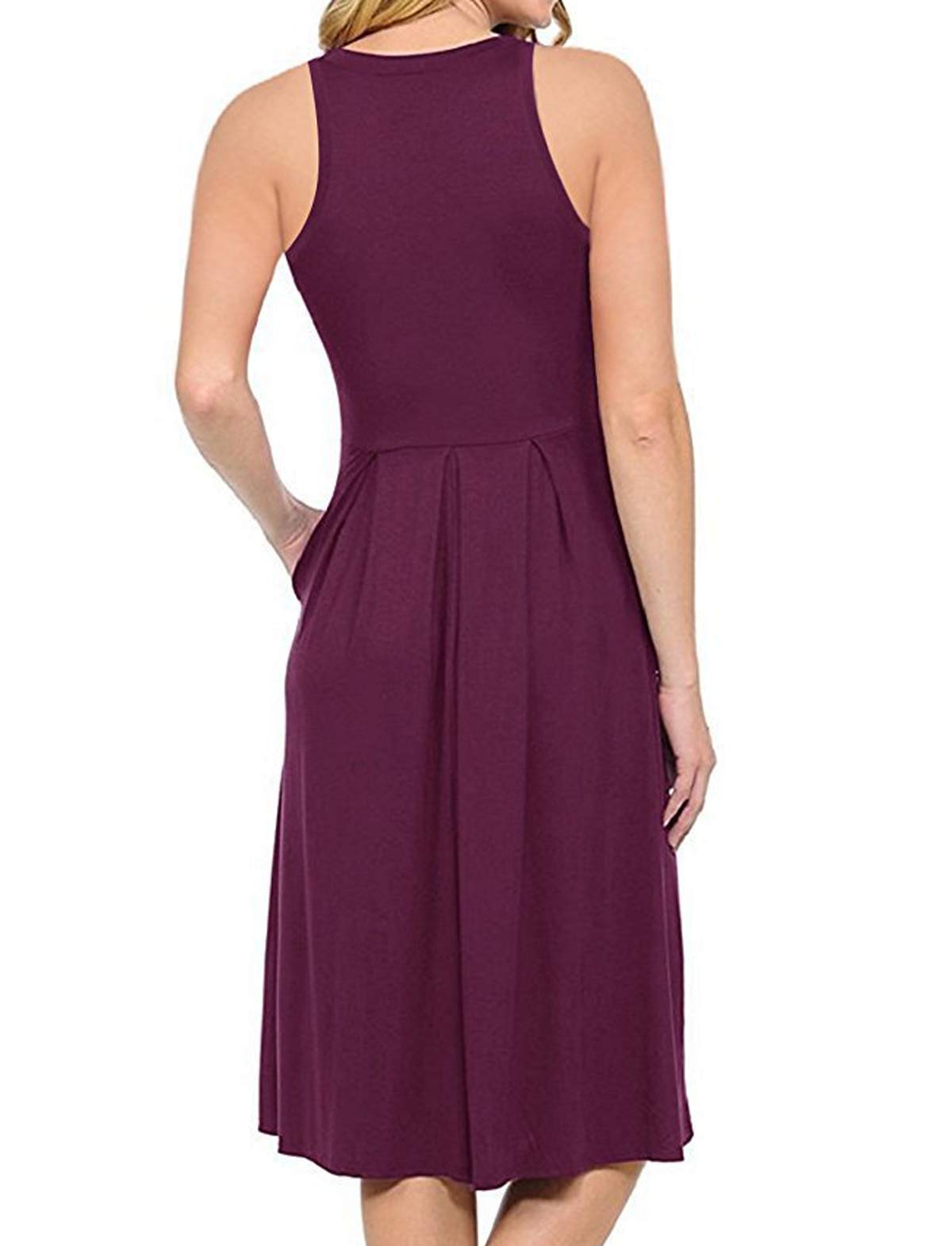 HUALAIMEI Pring Dresses for Women Mid-Length, Ladies Round Neck Sleeveless Casual Midi Dress High Waist Summer Tanks Long Tunic with Pockets Mauve M