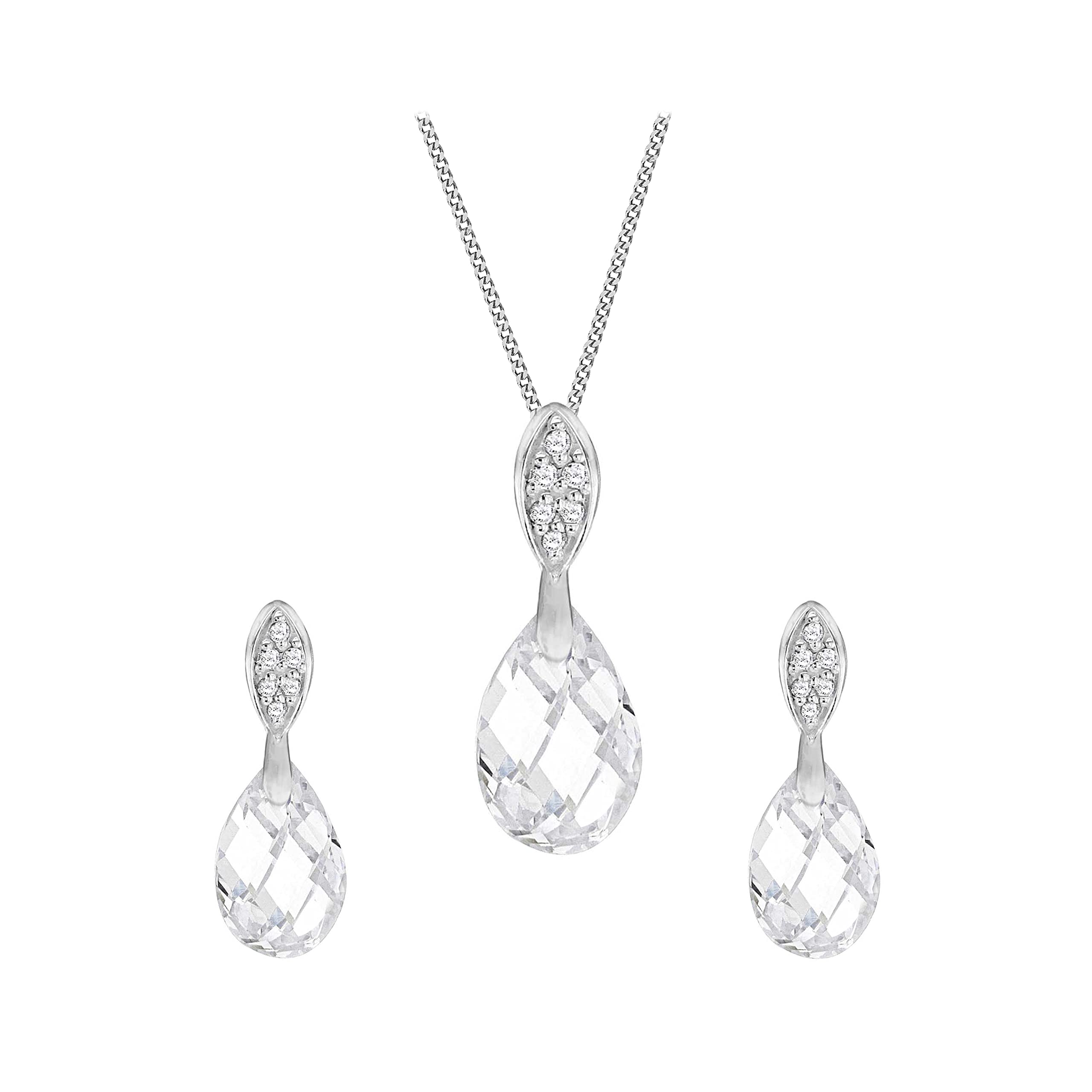 Tuscany Silver Women's Sterling Silver Facet Cubic Zirconia Teardrop Set of Earrings and Pendant on Curb Chain of 46cm/18"