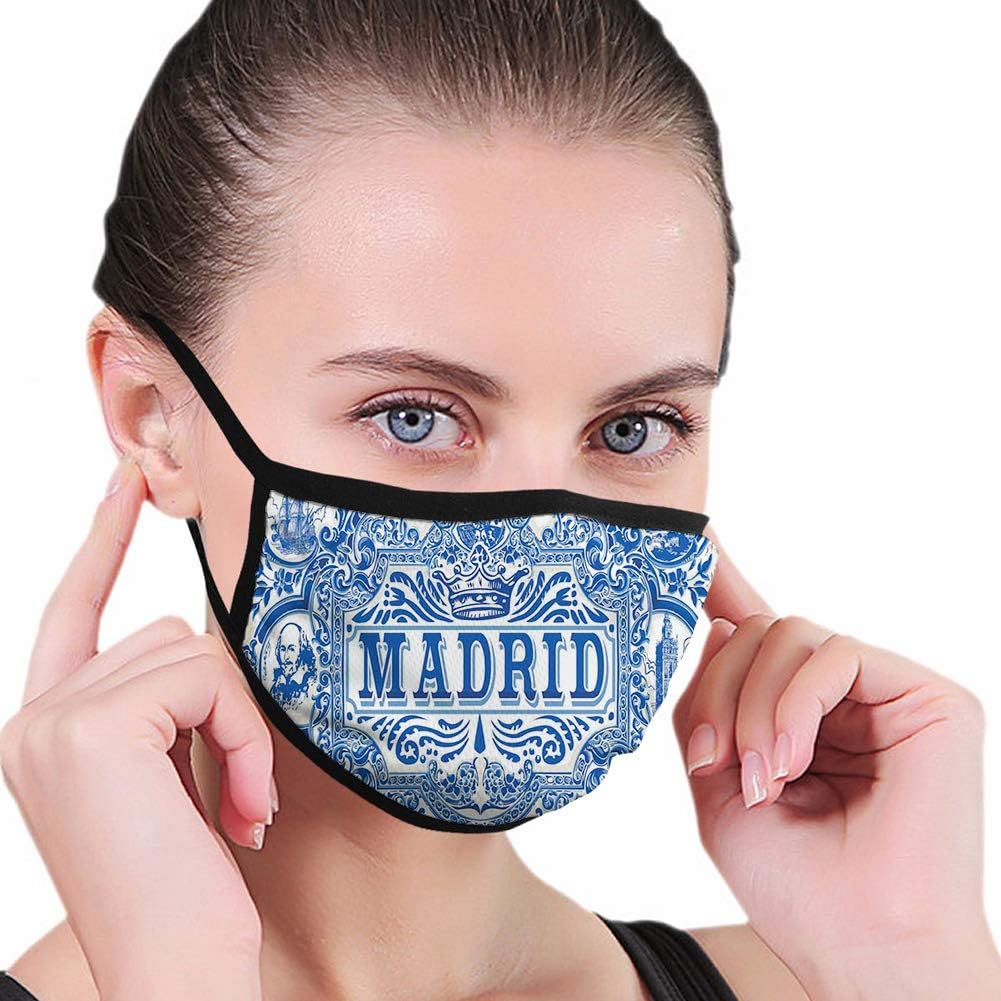 Comfortable Printed mask，Madrid Calligraphy Traditional Painted Tin Graphic Tile Azulejo Print，Windproof Facial decorations for adult