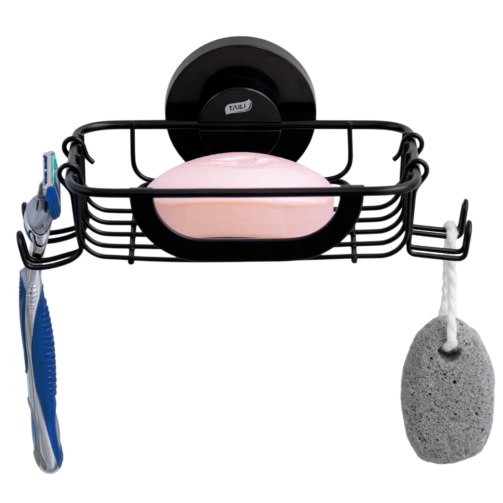 Photo 1 of TAILI Soap Bar Holder Dish with Hooks, Shower Soap Tray Saver Suction Cup with Razor Holder for Wall, Rustproof Stainless Steel Bath Shampoo Caddy for Bathroom Accessories Organizer,Sink,Black