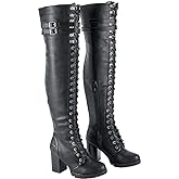 Dream Apparel Women's Faux Leather Over The Knee Thigh High Boots, Black Lace Up Knee High Boots With Chunky Heel, Sexy Biker Boots with Buckle