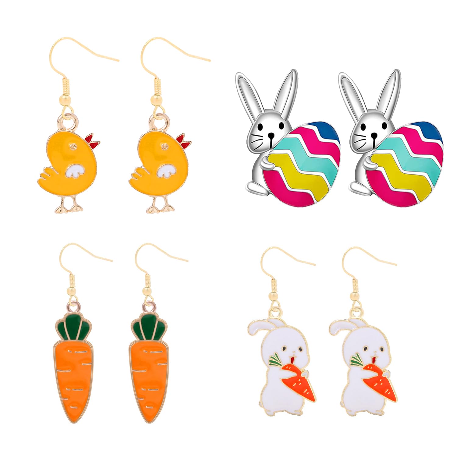 DVOFU 4Pairs Easter Earrings Chick Bunny Carrot Egg Pattern Earrings Easter Jewellery Set Costume Dress Up Accessories for Girls Teens