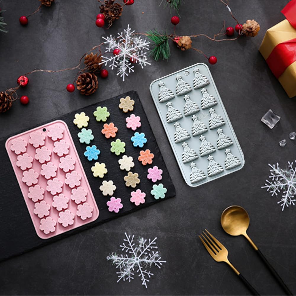 2 Pcs Christmas Chocolate Molds Snowflake Candy Mold Mini Xmas Tree Silicone Mould Christmas Baking Molds for Jello, Candy Cane, Ice Cube, Gummy, Biscuit