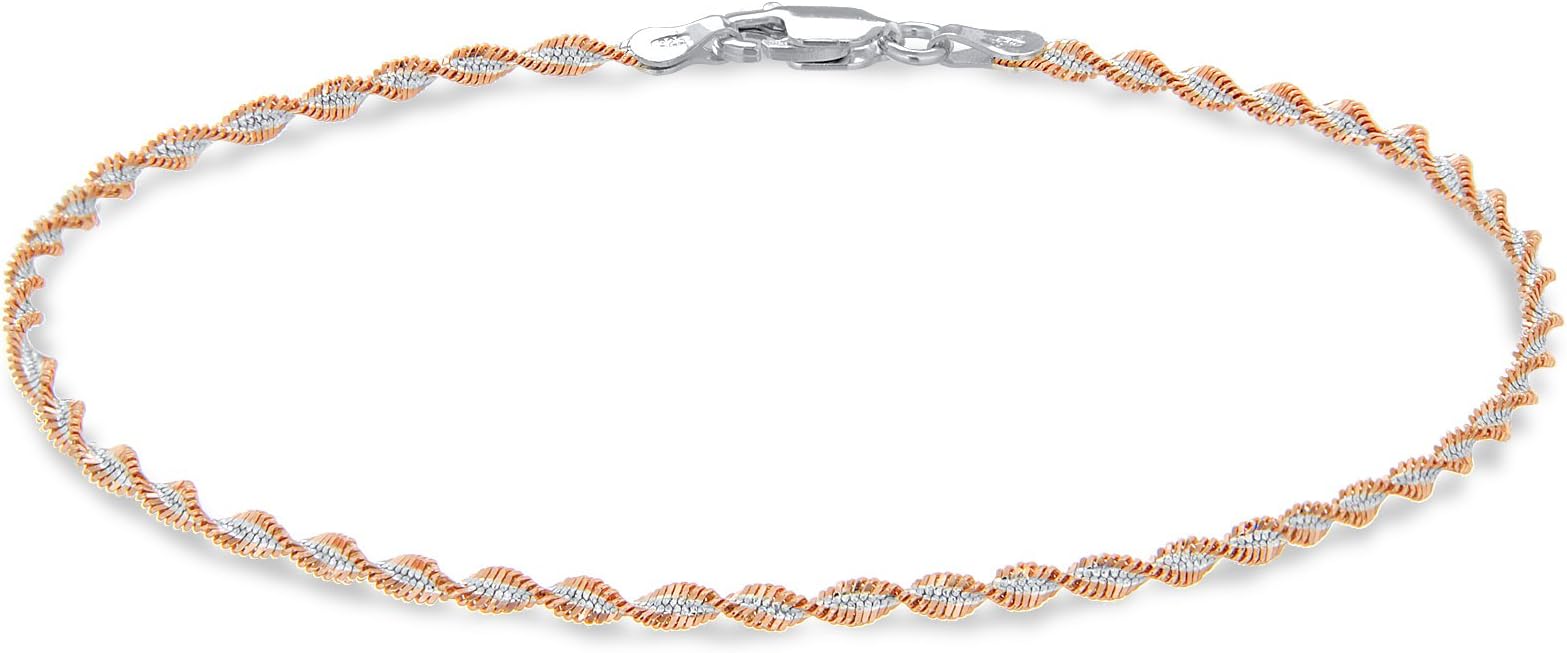 Tuscany Silver Women's Sterling Silver 2.4 mm Two-Tone Rose and White Gold Twisted Herringbone Chain Bracelet of Length 19 cm/7.5 Inch