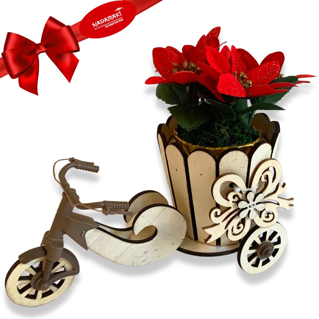 Ideas Wooden Tricycle 24 cm Plant Pot + Artificial Plant Poinsettia 14 cm in Gift Box (Tricycle)
